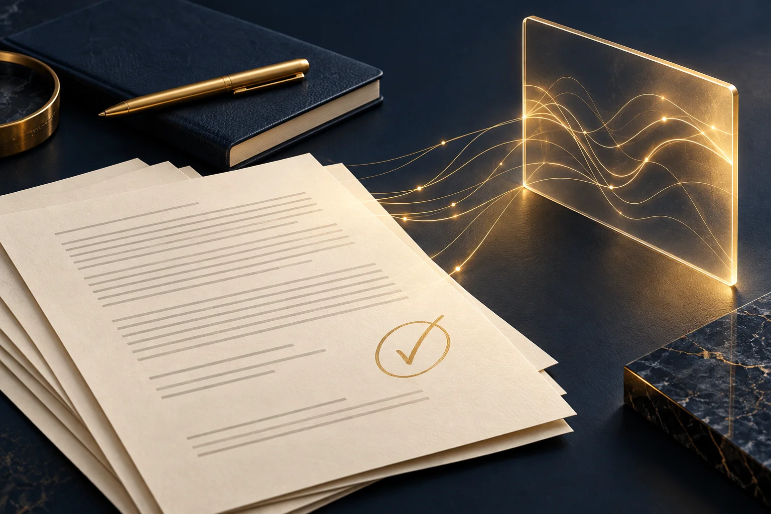 Contract pages and a gold pen connected to an abstract digital panel by fine gold threads.